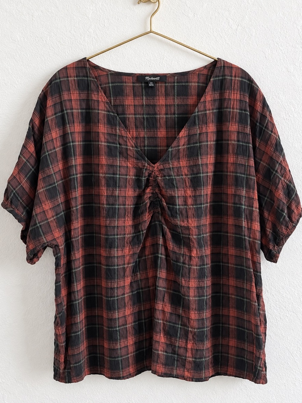 MADEWELL GATHERED V-NECK FALL CAMPFIRE PLAID TOP SZ XXL